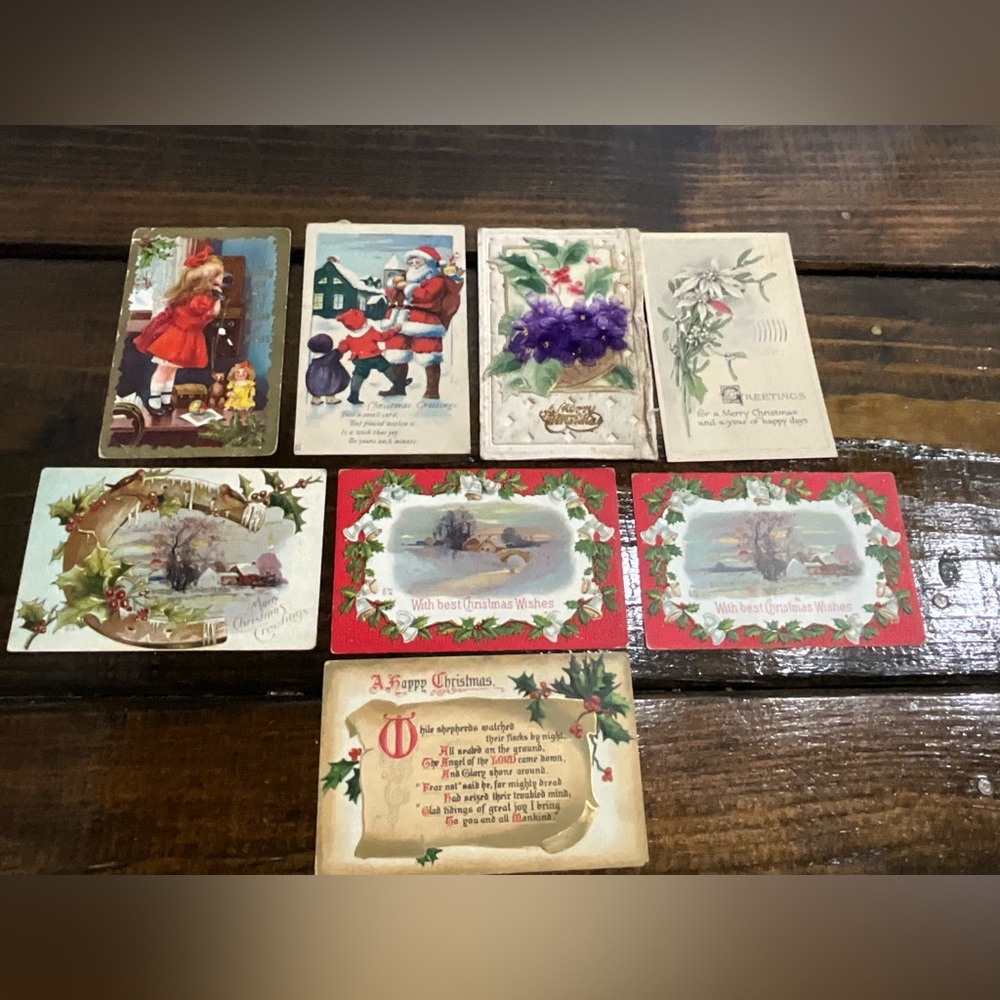 Antique Lot of 8 Christmas Holiday Postcards Santa Flowers Scrapbooking